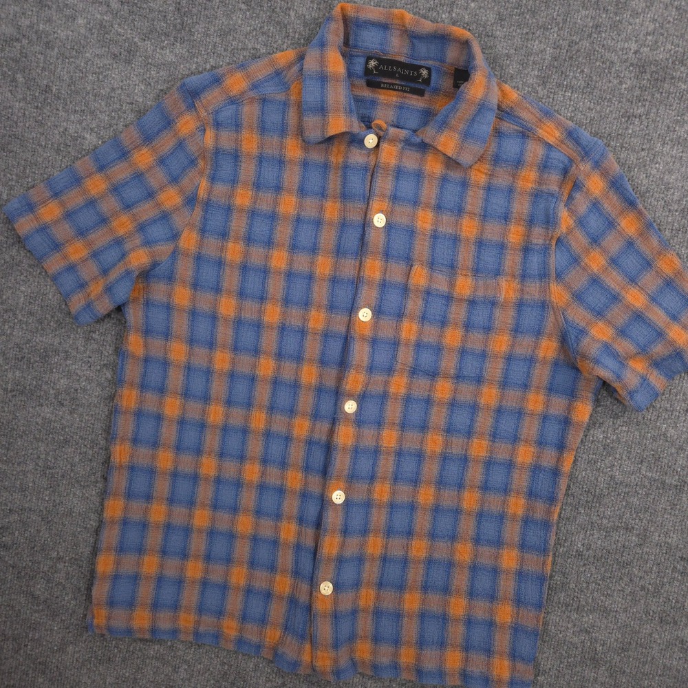ALLSAINTS Talaia Camp Shirt Mens Large Blue Orange Plaid Loop Collar Relaxed Fit